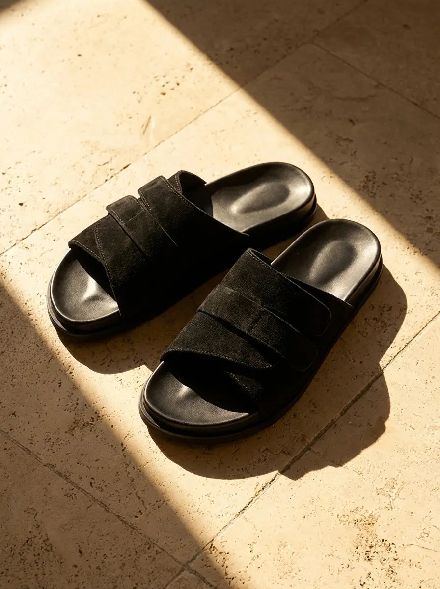 FOLD OVER BLACK SUEDE SLIDE