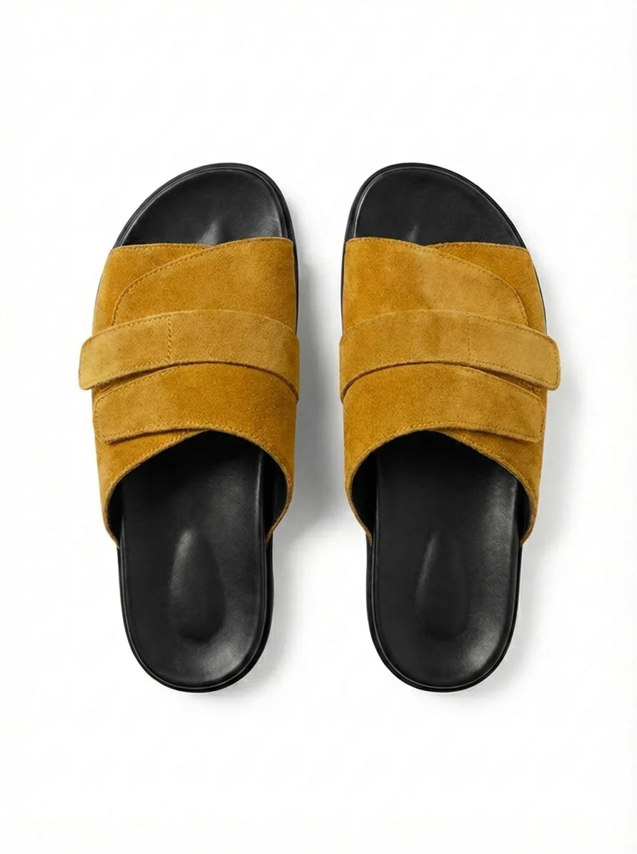 FOLD OVER MUSTARD SUEDE SLIDE