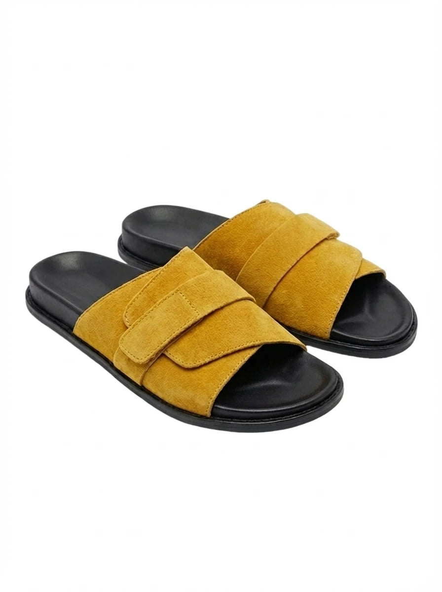 FOLD OVER MUSTARD SUEDE SLIDE