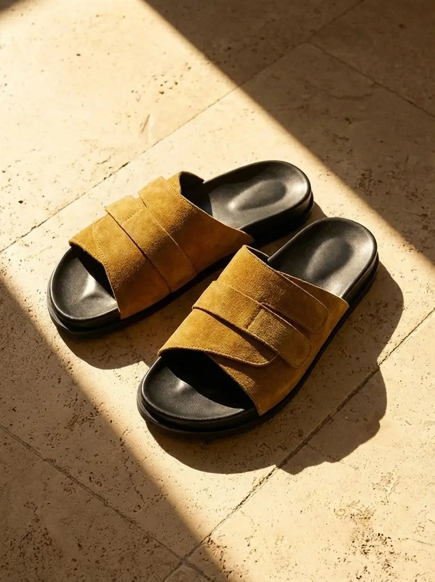 FOLD OVER MUSTARD SUEDE SLIDE