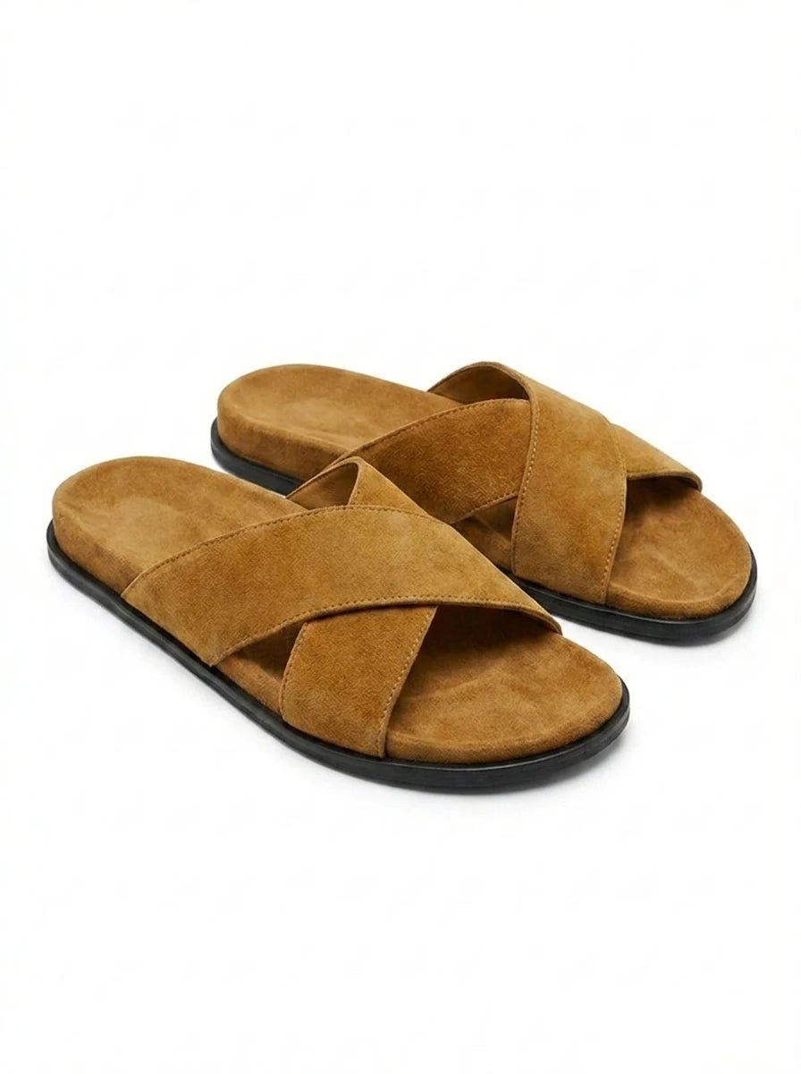 MUSTARD CROSS SUEDE SLIDE