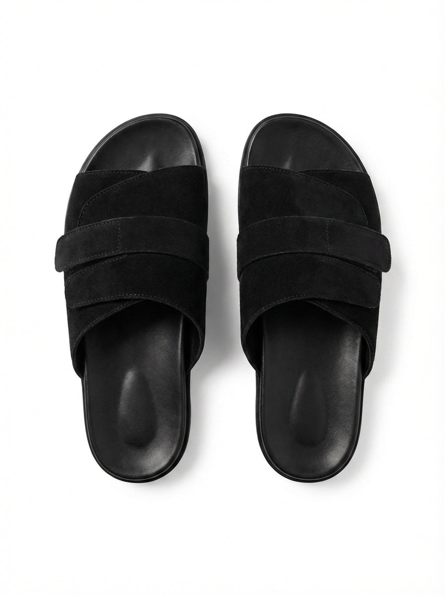 FOLD OVER BLACK SUEDE SLIDE