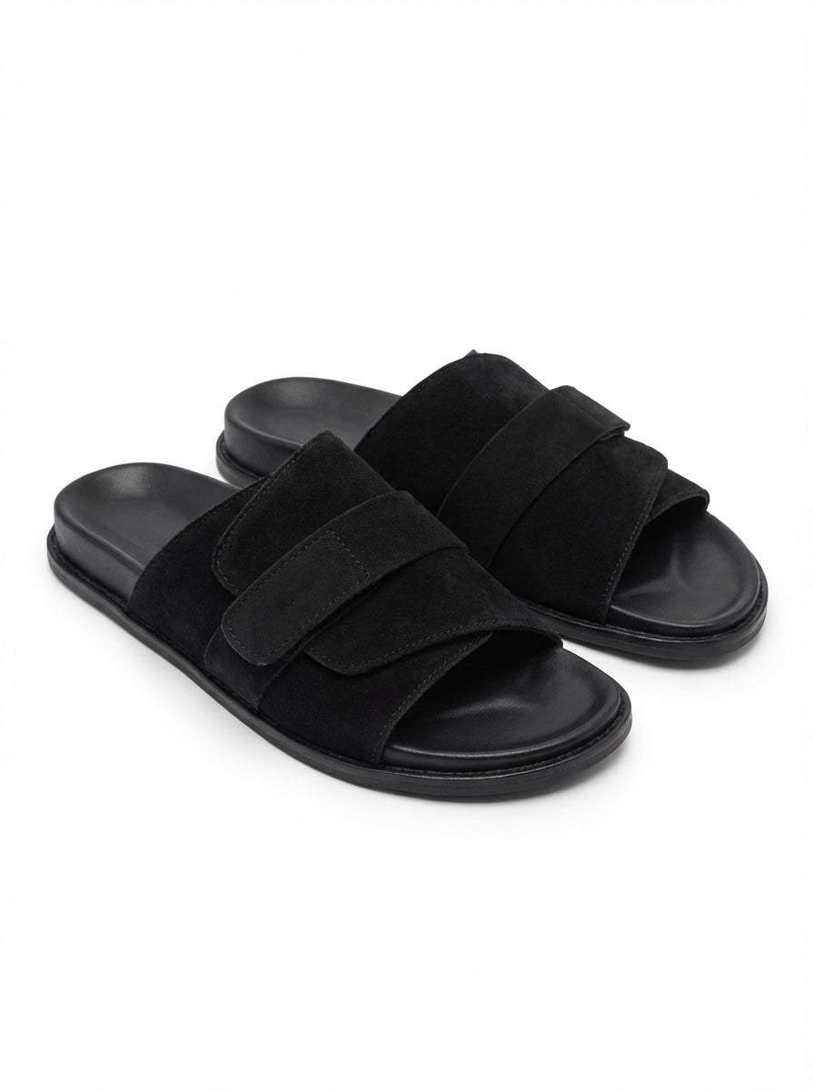 FOLD OVER BLACK SUEDE SLIDE