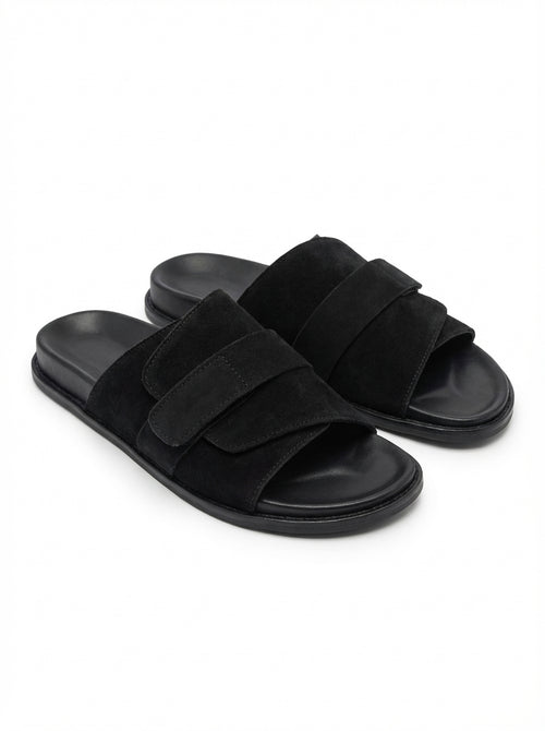 FOLD OVER BLACK SUEDE SLIDE